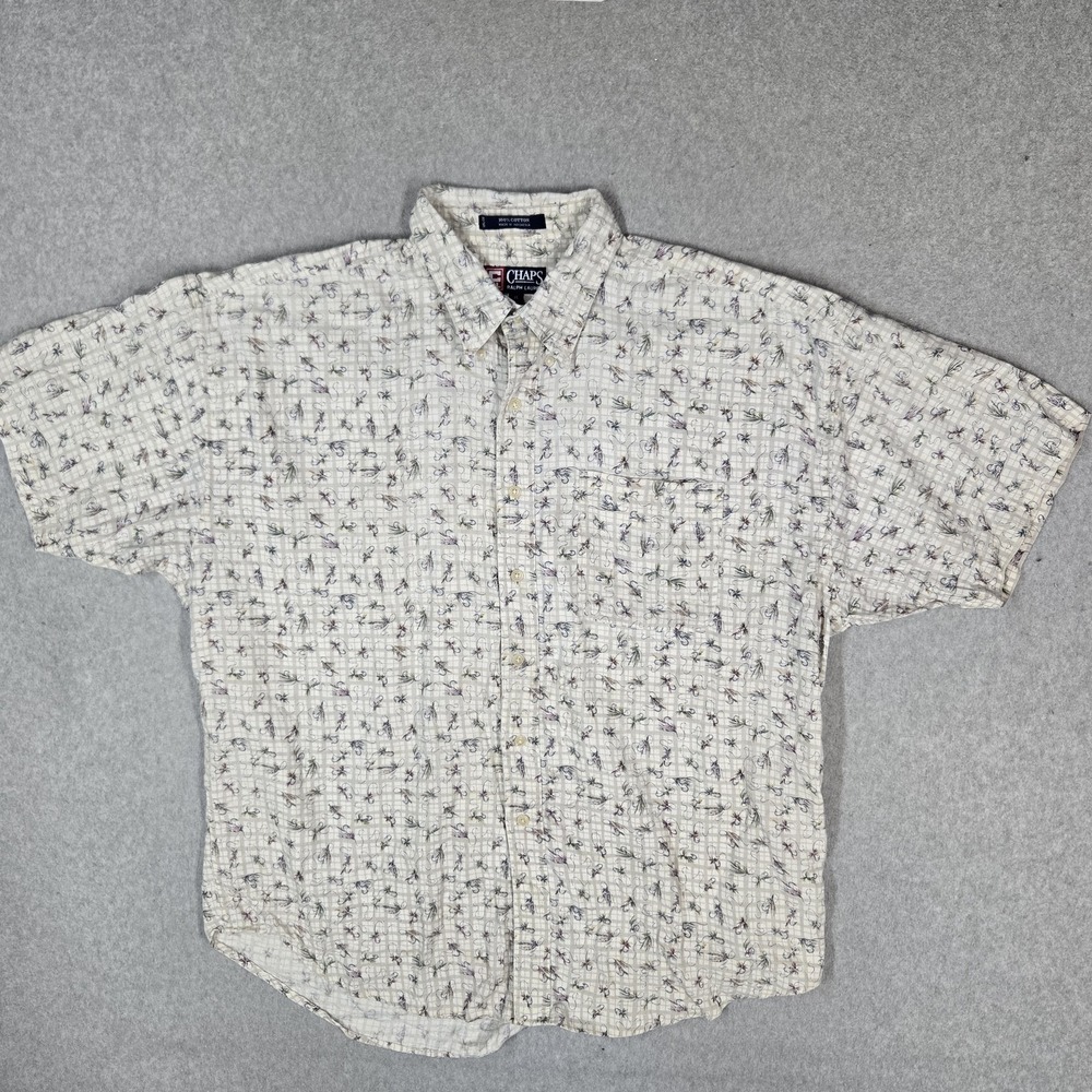 Chaps Ralph Lauren Men Button Up Shirt XL Beige Plaid Graphic Fishing Flies